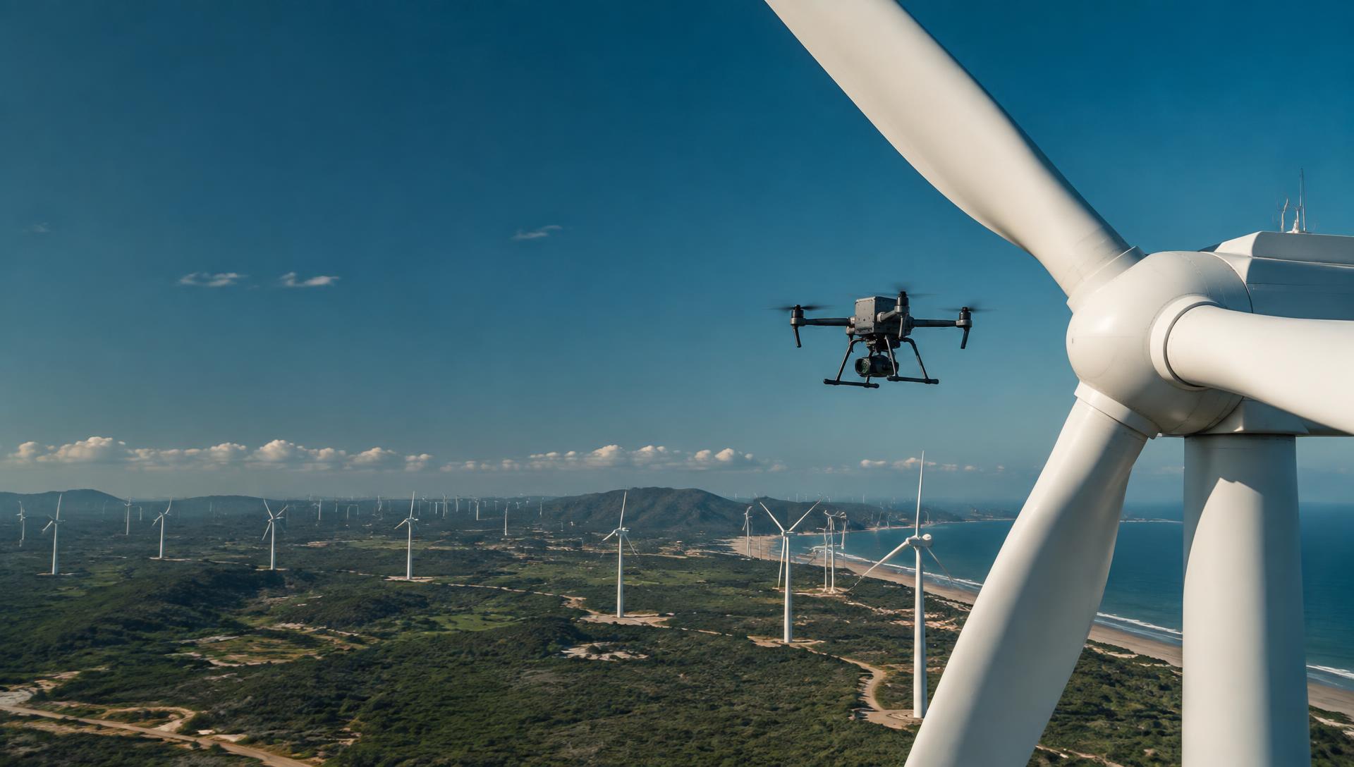 Drone inspecionando uma turbina eólica no Nordeste